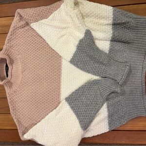 Colorblock Knit Sweater - Pink, White, and Gray